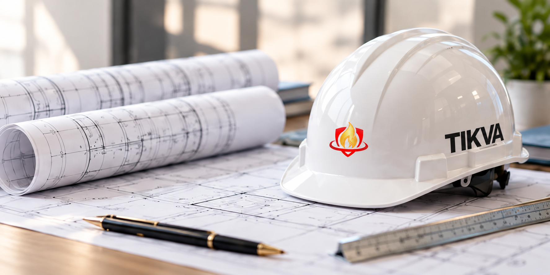 White hard hat on plans, with the Tikva flame-and-shield icon on the front and TIKVA lettering along the side